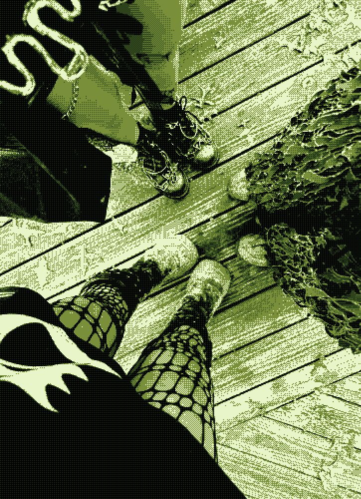 muddy boots and a ghillie suit standing on a wooden boardwalk trail beside two other witnesses